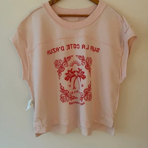 Anthropologie By Anthropologie Embroidered Côte d'Azur Top Sweatshirt Pink XL - Picture 3 of 12
